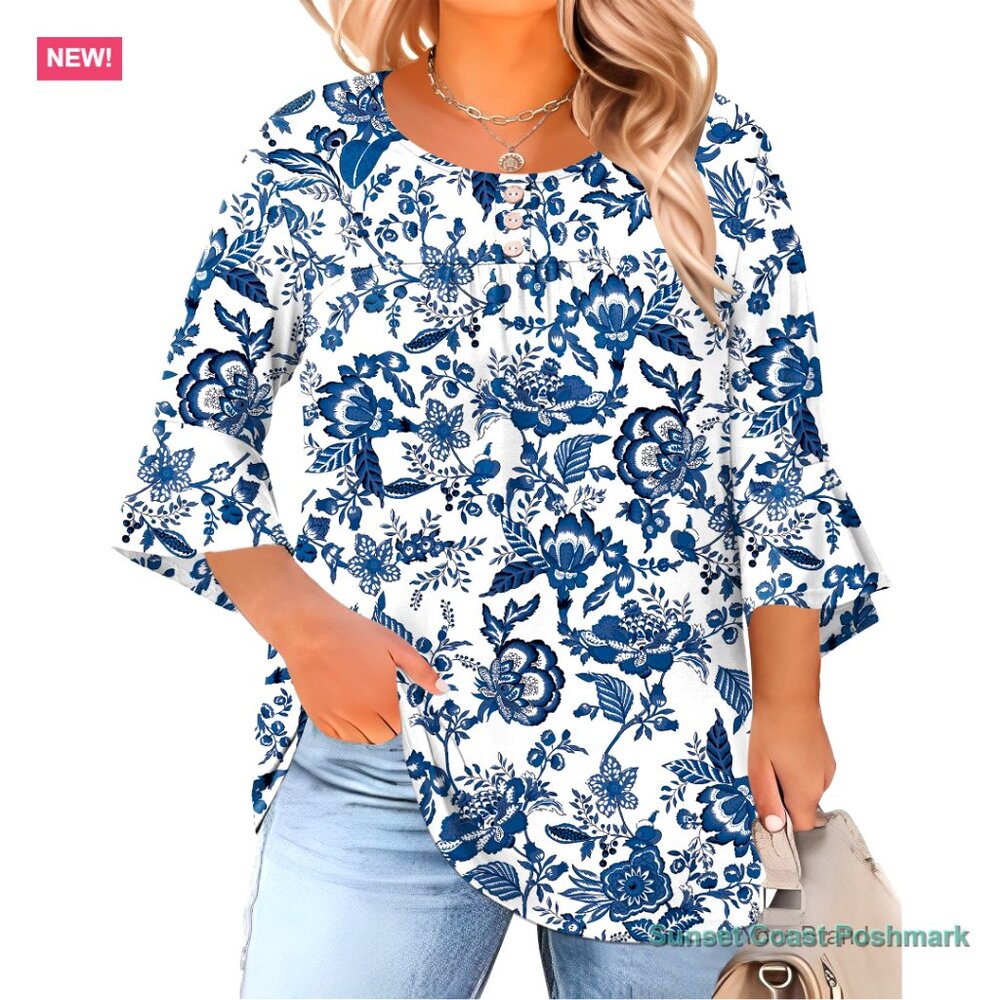 3/4 Ruffle Sleeve Crew Neck Button Down Pleated Blouse Tunic